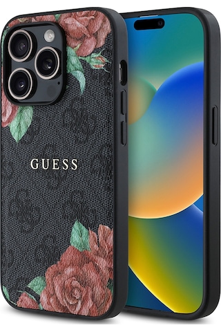 Apple Uyumlu iPhone 14 Pro Max Kılıf Guess Lisanslı Magsafe Gül Baskılı 4g Desenli Yazı Logolu Kapak Siyah