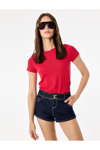 Koton Pamuklu Taş Detaylı Slim Fit Kısa Kollu Bisiklet Yaka Kirazlı Tişört Kırmızı 6sal10901ık