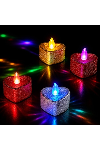 144 Adet Yüksek Kalite Simli Kalpli Renkli Led Işıklı Mum Kırmızı Gümüş Gold Kalpli Tea Light Mum
