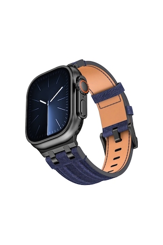 Apple Watch 7 45mm Uyumlu Krd-153 Kot Kumaş Tasarımlı Kordon - Siyah-mavi
