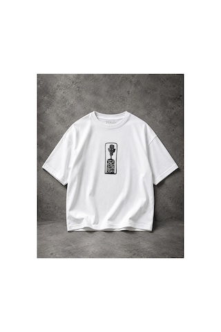 Yolo Street Etnik Arap Yazı Desenli Soyut Yüz Baskılı Oversize %100 Pamuk Unisex Tişört Beyaz
