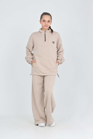 Toontoy Kids Toontoy Kız Çocuk 2'li Takım Dik Yaka Yarım Fermuarlı Nakışlı Sweatshirt & Beli Lastikli Bol Paça Cepli Eşofman Altı Bej