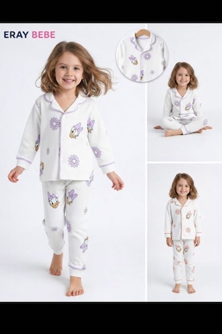 Ördek Desenli Pijama Takımı Beyaz- Mor