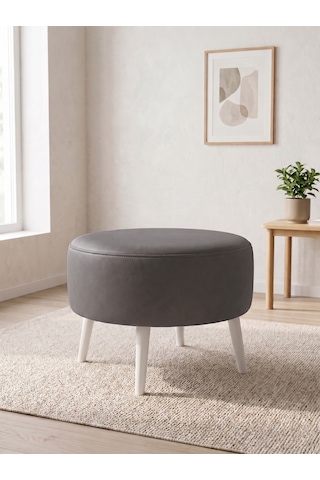 Modern Gri Deri Puf Yuvarlak Oturma Pufu Ahşap Beyaz Ayaklı Demonte 60x46 Cm