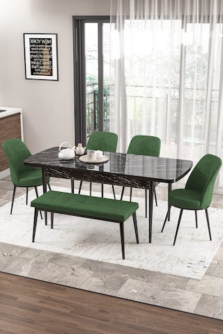 Canisa Concept Zen Serisi 80x132 Mdf Açılabilir Siyah Mermer Desen Masa Takımı 4 Haki Yeşil Sandalye Ve 1 Bench Masa Siyah Mermer Sandalye Ve Bench Haki