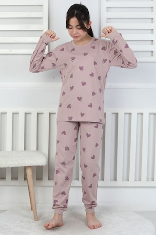 Lavanta Renkli Kalp Desenli Kız Çocuk Pijama Takımı Mor