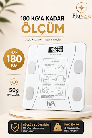 Pilli Bluetooth Akıllı Baskül Vücut Yağ Su Kas Vücut Kitle Endeksi Analizli Dijital Tartı 180 Kg 50 Gr Hassasiyet Bmı Yağ Su Kas Ölçer
