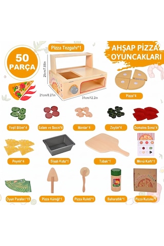 Limon Dekor 50 Parça Ahşap Oyuncak Pizza Fırını Oyun Seti - Eğitici Mutfak Evcilik Oyuncakları