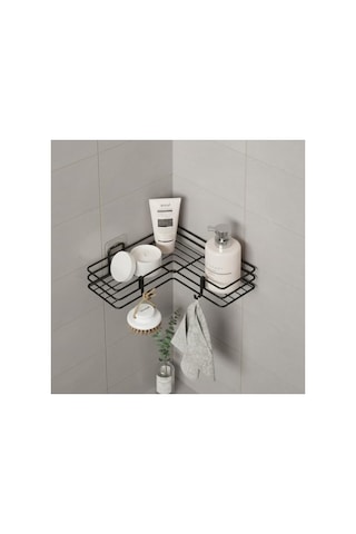 Yapışkanlı Banyo Köşeliği Köşe Rafı Duş Şampuanlık Duvar Düzenleyici Organizer Raf Siyah Metal Açık Ceviz