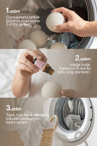 Çamaşır Yün Kurutma Topu Ve Koku Seti - Kurutma Makinesi İçin - 3 Adet Top Renkli