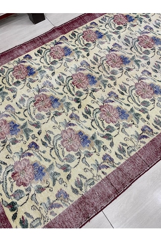 El Dokuma Eskitme 145X240 Kırmızı Mavi Güllü Vintage Yün Halı ! Kırmızı