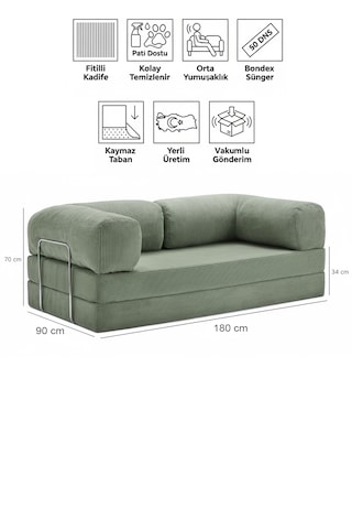 90x180 Kanepe - Fitilli Kadife Yıkanır Silinir Pratik Yer Yatağı 50 Dns Bondex 90x180cm Yeşil
