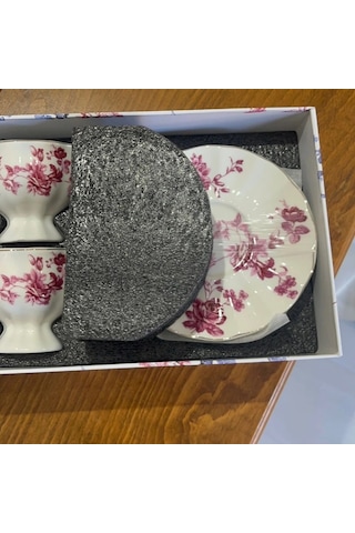 Pembe Mavi Çiçek Desenli Kutulu Fincan Takımı 2 Li Beyaz