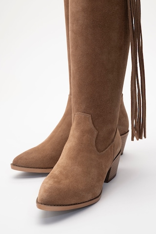 Rios Toprak Hakiki Deri Süet Püsküllü Kadın Kalın Topuklu Çizme Toprak