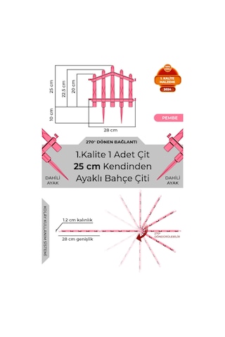 Dekoratif Plastik Bahçe Çiti Ve Peyzaj Çiti 1 Adet Çit Y: 25 Cm / G: 25 Cm Toprak Ayaklı - Pembe