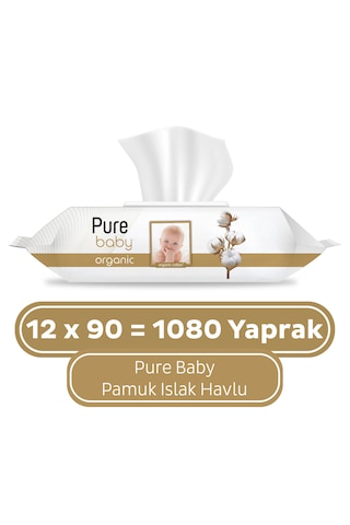 Pure Baby Organik Pamuklu Islak Havlu 12 x 90'lı 1080 Yaprak