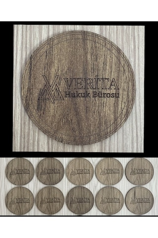 10'lu Kişiye / Şirkete Özel Logolu Bardak Altlığı Seti Lazer Kesim Kurumsal Hediye 9 Cm Koyu Ahşap