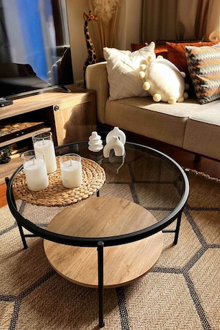 Nordic Orta Sehpa Temperli Cam 75 Cm Demonte Çizilmez Kırılmaz Metal Çerçeve Raflı Minimalist Sehpa - Atlantik Çam Atlantik Çam