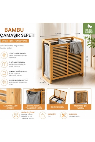 Doğal Bambu Çamaşır Sepeti 70 Litre 2 Gözlü Kirli Çamaşır Sepeti Modern Tasarım