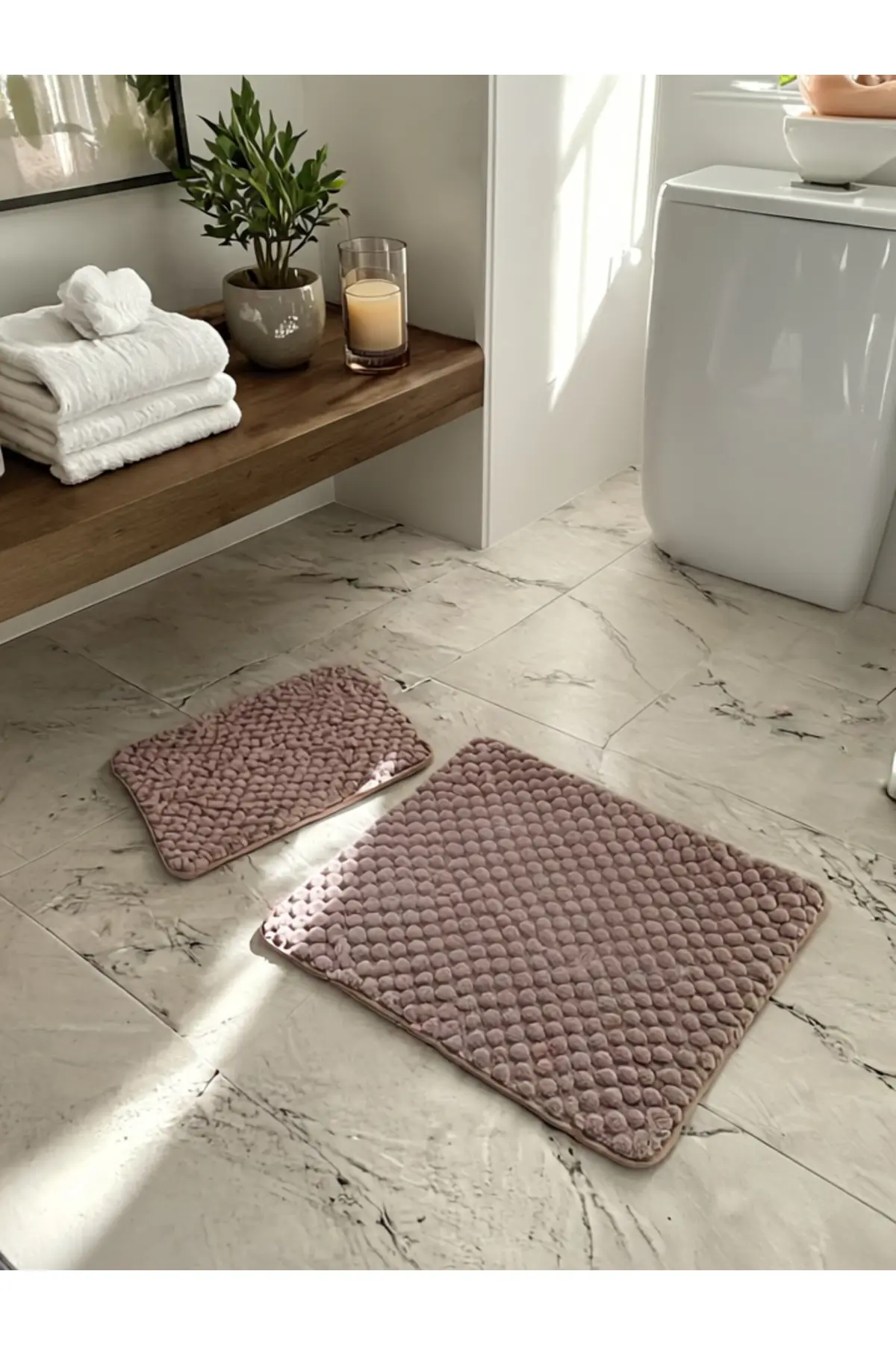 2'li Toz Pembe Banyo Paspas Takımı Klozet Takımı Kaymaz Tabanlı , 40x50 & 50x90 Cm Yumuşak Pembe