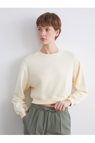 Lcw Eco Ekru Bisiklet Yaka Nakışlı Kadın Sweatshirt
