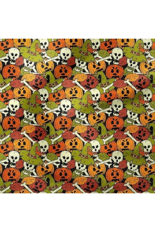 Happy Halloween Yeşil Zemin Üzerinde Korkunç Yüzlübal Kabakları Ve Kurukafalar Ve Kemikler Cadılar Bayramı