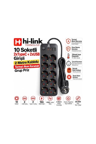 Hi-link 10 Soketli 2xtype-c +2xusb Girişli 2 Metre Kablolu Akım Korumalı Grup Priz 2 m
