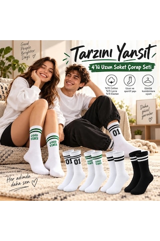 COJans Unisex Çorap Çizgili 4'lü Set 07 Good Vibes Yazılı Siyah Beyaz Uzun Soket Spor Kolej Stil Rahat Şık Çok Renkli