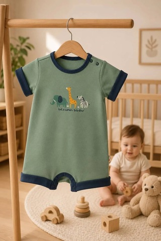 Ferasty İstanbul Unisex Bebek Tulum Hayvan Desenli Çıtçıtlı Yeşil