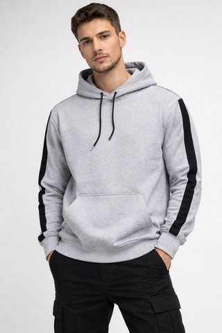 Barlashive Erkek Şeritli Kapüşonlu Oversize Sweatshirt 3 İplik Pamuklu Hoodie - Beyaz Çok Renkli