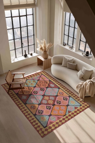 Mihrimah 503 Pembe Turuncu Etnik Halı Vintage Halı Yıkanabilir İnce Dokuma Salon Oturma Odası Halısı