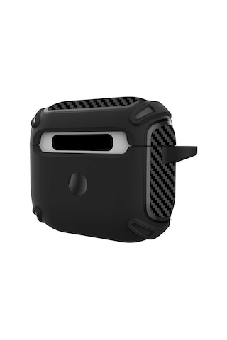 Maks Technology Apple Airpods Uyumlu 3. Nesil Kılıf Köşe Karbon Fiber Detaylı Askı Aparatlı Airbag Darbe Emici Maks Koruyucu Kapak Siyah