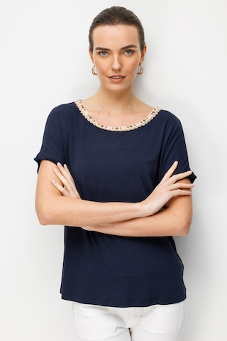 Desen Triko Kadın Sıfır Yaka Yakası Hasır Aksesuarlı Penye T-shirt 26819 Lacivert Lacivert