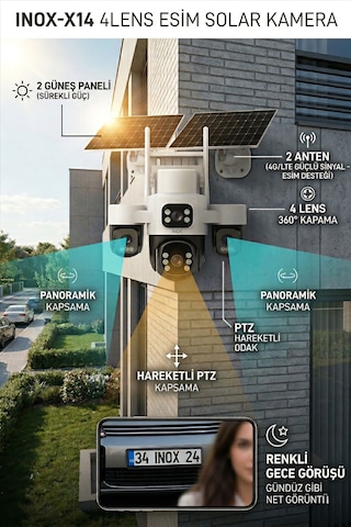 Inox-x14 4 Lensli Esım Destekli 4g Solar Güneş Enerjili Kablosuz Dış Mekan Ptz Güvenlik Kamerası