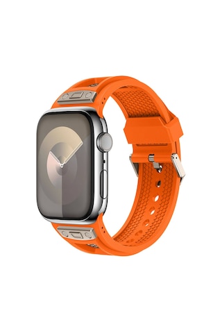 Apple Uyumlu Watch 7 8 9 10 Serisi 45mm Kordon Delikli Metal Süslemeli Desenli Silikon Band 117