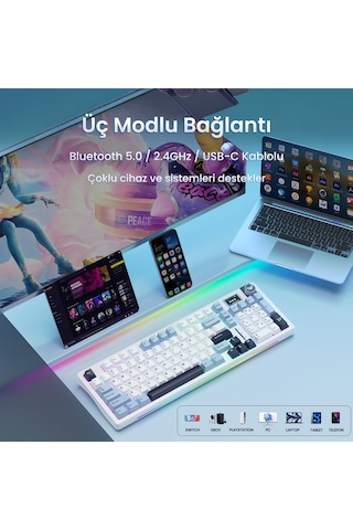 Aula S98 Pro 3 Modlu Rgb Hot Swap Mekanik Star Vector Switch Kablosuz Makrolu Klavye Lacivert