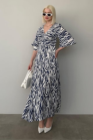 Madmext Lacivert Zebra Desenli V Yaka Yarım Kollu Elbise Mg2394
