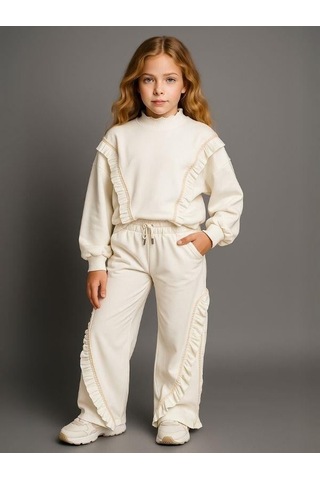 Kız Çocuk Fırfırlı Tasarım Eşofman Takımı-16228 Ekru