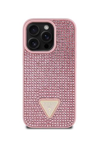 Apple Uyumlu iPhone 16 Pro Max Kılıf Guess Lisanslı Üçgen Logolu Taşlı Kapak Pembe