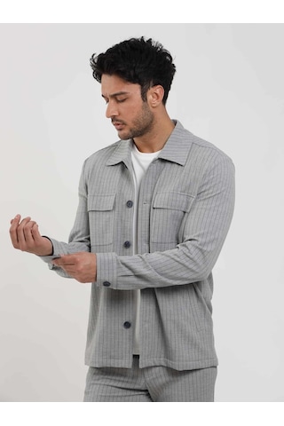 Dufy Gri Erkek Regular Fit Çizgili Brent Yaka Uzun Kol Gömlek - 108659-gri Gri