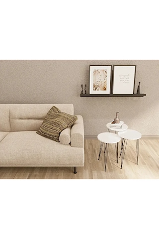 Zigon Sehpa 3'lü Yuvarlak Siyah Tel Ayaklı Beyaz