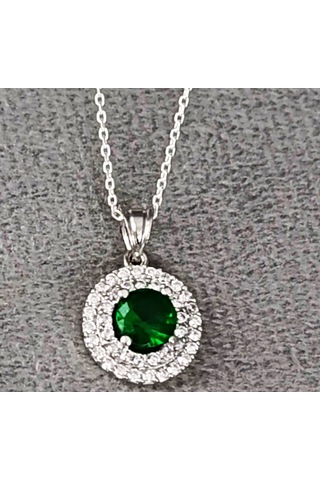 Lilahgümüştr Gümüş Yeşil Taşlı Yuvarlak Kadın Kolye
