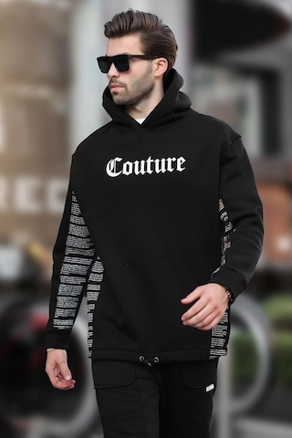 Madmext Siyah Kapüşonlu Baskılı Erkek Sweatshirt 7090 Siyah