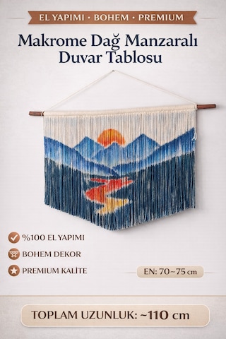 El Yapımı Makrome Duvar Tablosu Gün Batımı Dağ Manzaralı Bohem Dekoratif Duvar Süsü Büyük Boy Salon Tablo 001