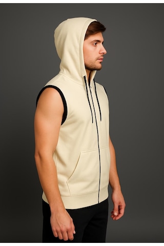 Axxel Erkek Krem Fermuarlı Kapüşonlu Kanguru Cepli Kolsuz Yelek-y1142 Krem