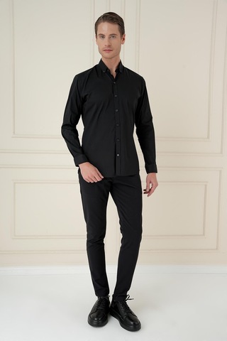 Efor Slim Fit Düğmeli Yaka Esnek Klasik Siyah Gömlek Gk 746 Siyah