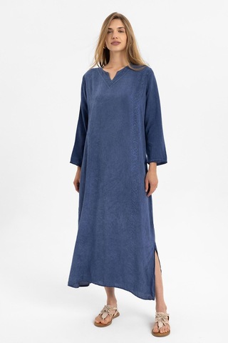 Mavi İşlemeli Uzun Kollu Astarsız Pamuklu Uzun Elbise-mavi