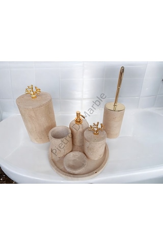 Sarı Traverten Klasik Model 7 Parça Gold Renk Mercan Aksesuarlı Banyo Seti Sarı Traverten
