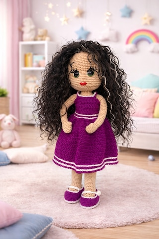 Amigurumi Kız Bebek El Örgüsü, Sentetik Uzun Kıvırcık Saçlı Oyuncak Bebek Bordo