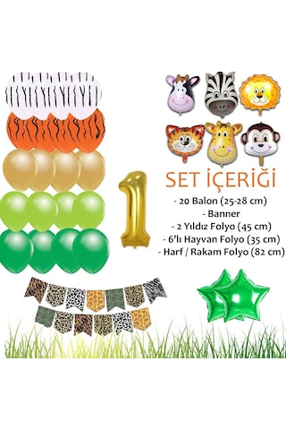Safari Konsepti 1 Yaş Doğum Günü Parti Kutlama Seti; Rakam ve Yıldız Folyo, Banner ve Balon Zinciri